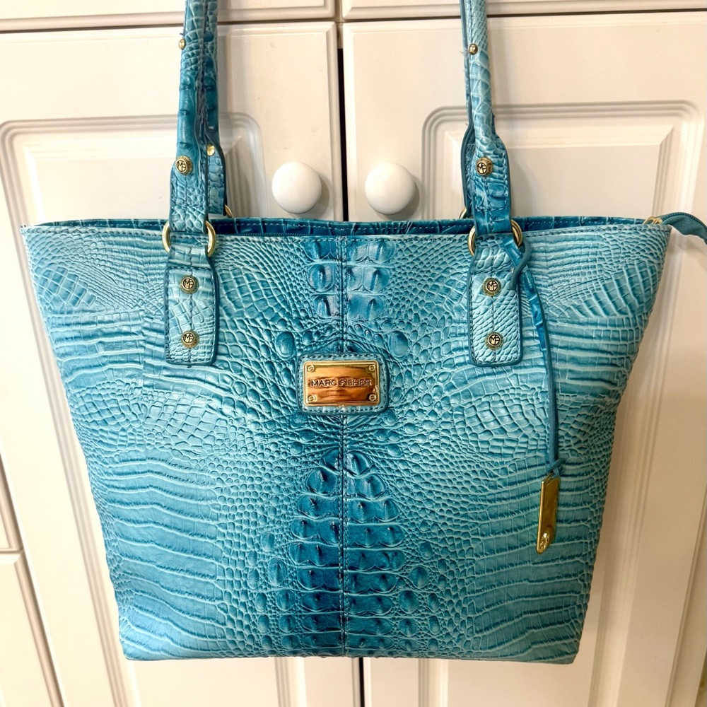 Marc Fisher brand Aqua/Teal Blue Crocodile Embossed Tote Bag